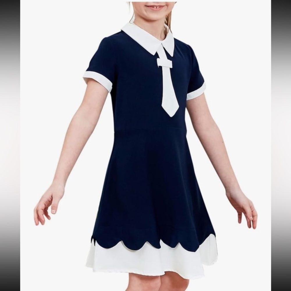 Girls Dress Swing School Bow Tie Sailor Collar Short Sleeve navy blue size 8